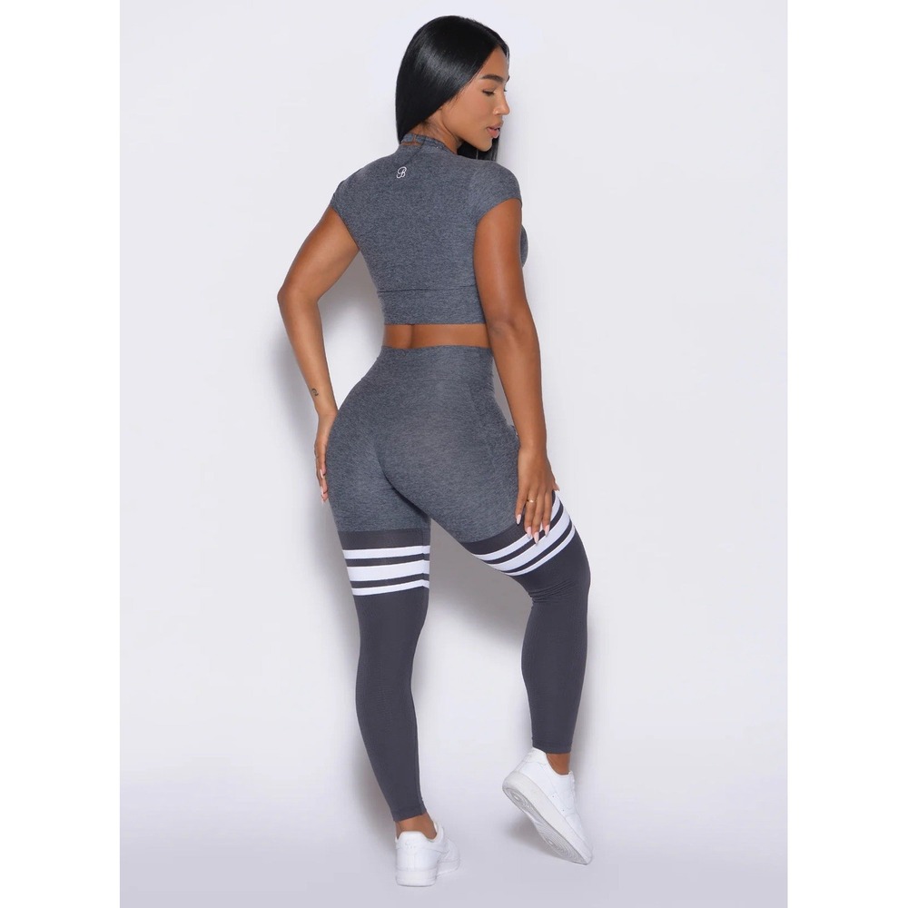 Bombshell Sportswear Perform Thigh High Leggings Women M Gray Stripe Pocket